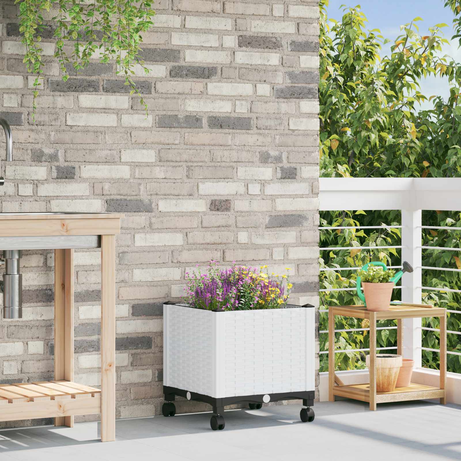 vidaXL Garden Planter with Wheels White 40 x 40 x 48 cm PP 1