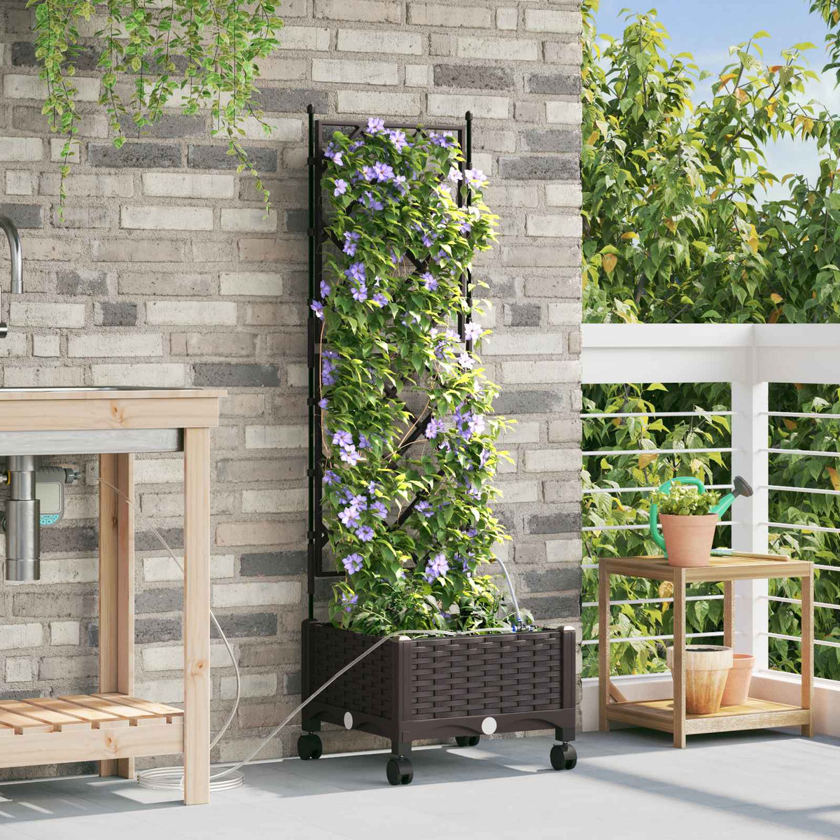 Garden Planter with Irrigation&Wheels 40 x 40 x 148 cm PP with Wheels Brown 126 cm