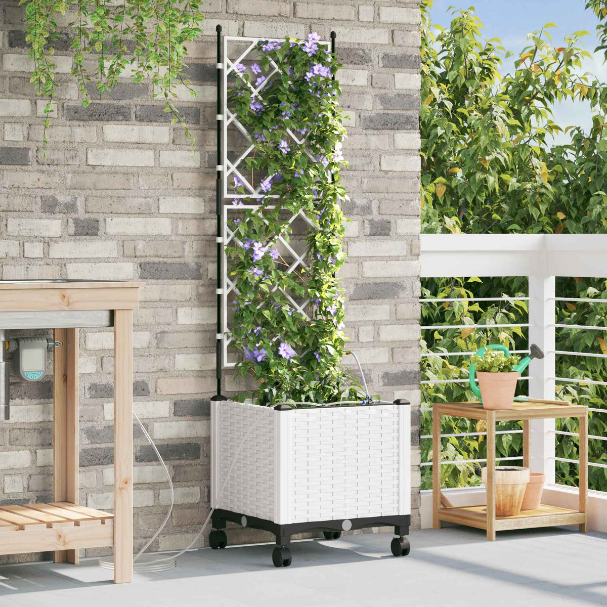Garden Planter with Irrigation&Wheels 40 x 40 x 148 cm PP with Wheels White 142 cm