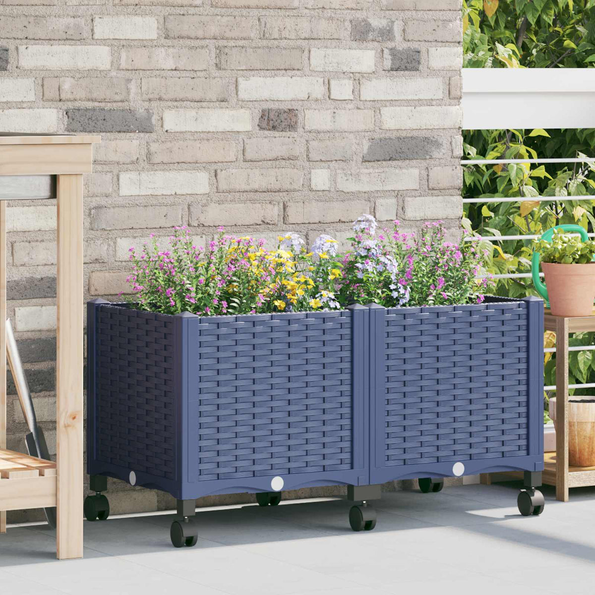 Garden Planter 40 x 40 x 29 cm PP with Wheels Blue Grey 80 x 40 x 38 cm