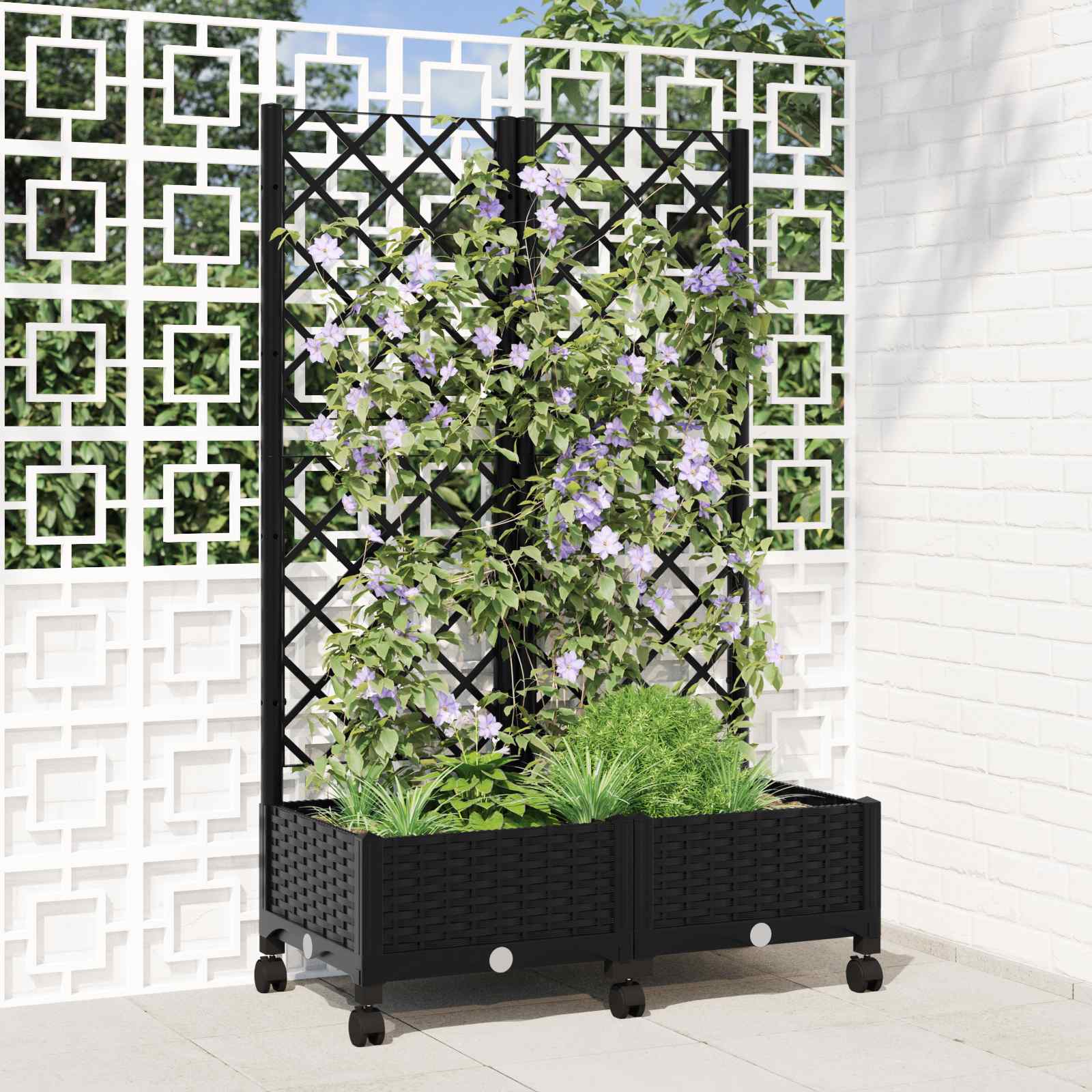 vidaXL Garden Planter with Trellis&Wheels Black 80 x 40 x 131.5 cm PP 1