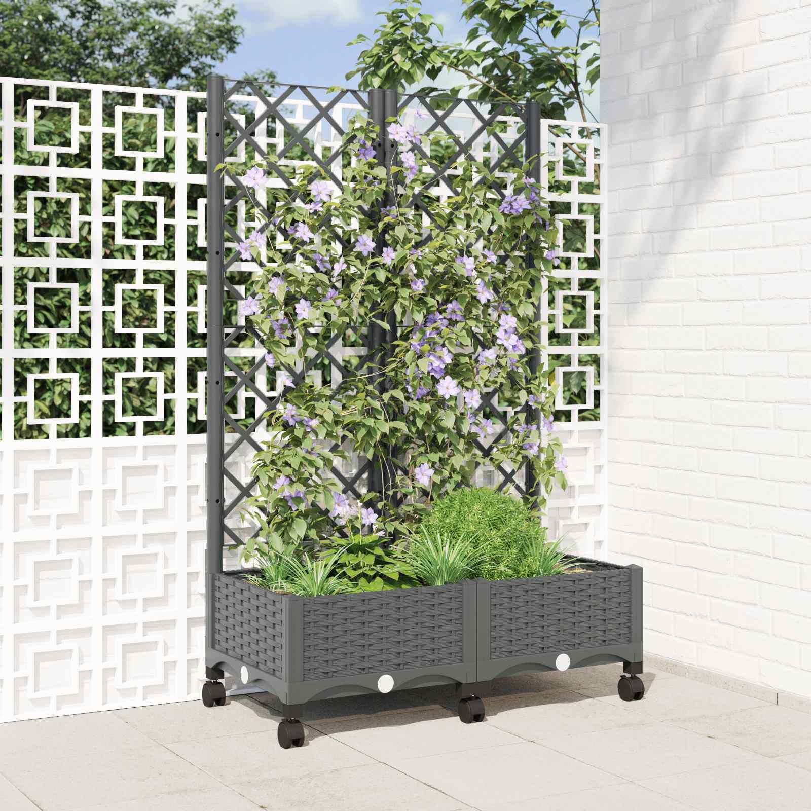 vidaXL Garden Planter with Trellis&Wheels Light Grey PP 1