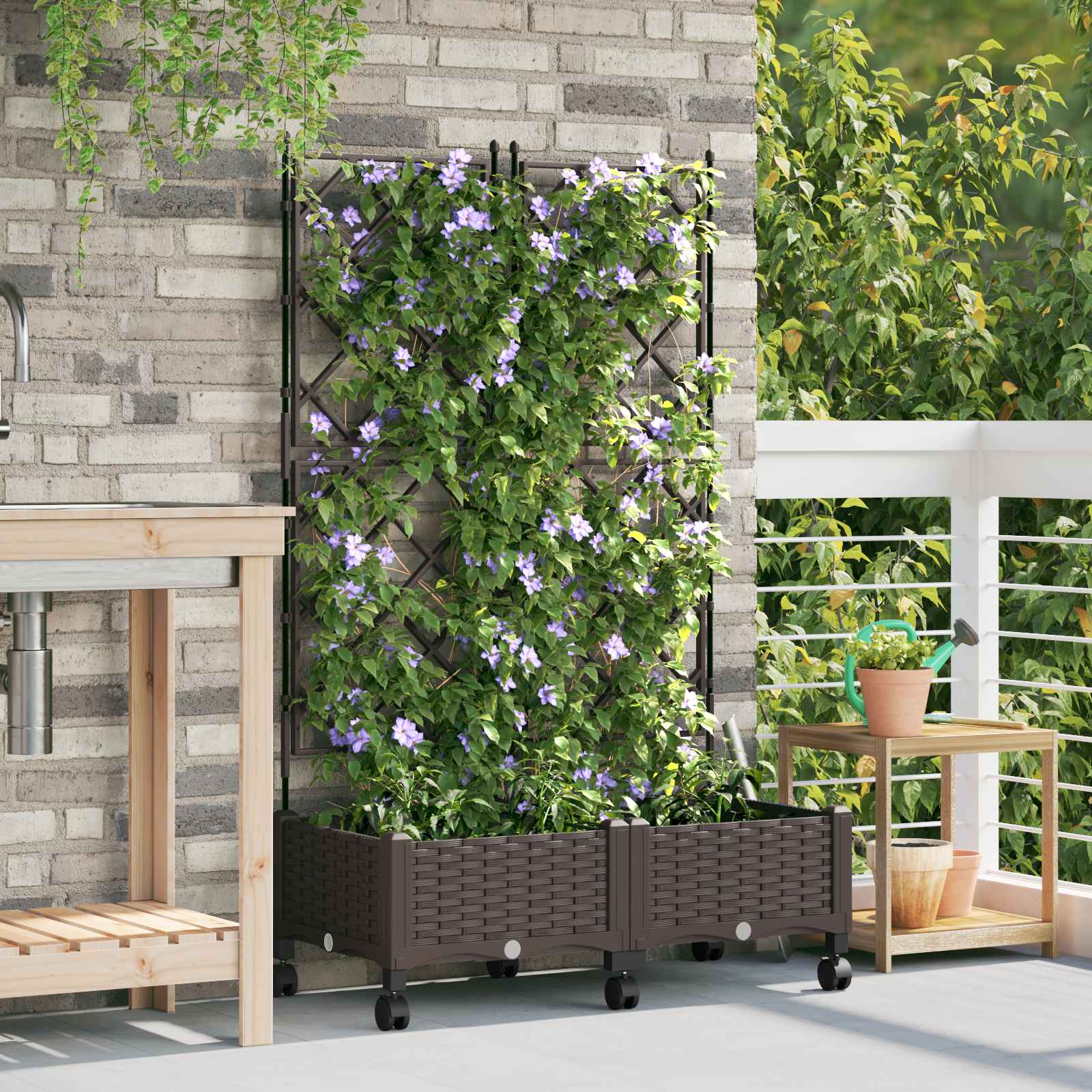vidaXL Garden Planter with Trellis&Wheels 2 pcs Brown PP 1