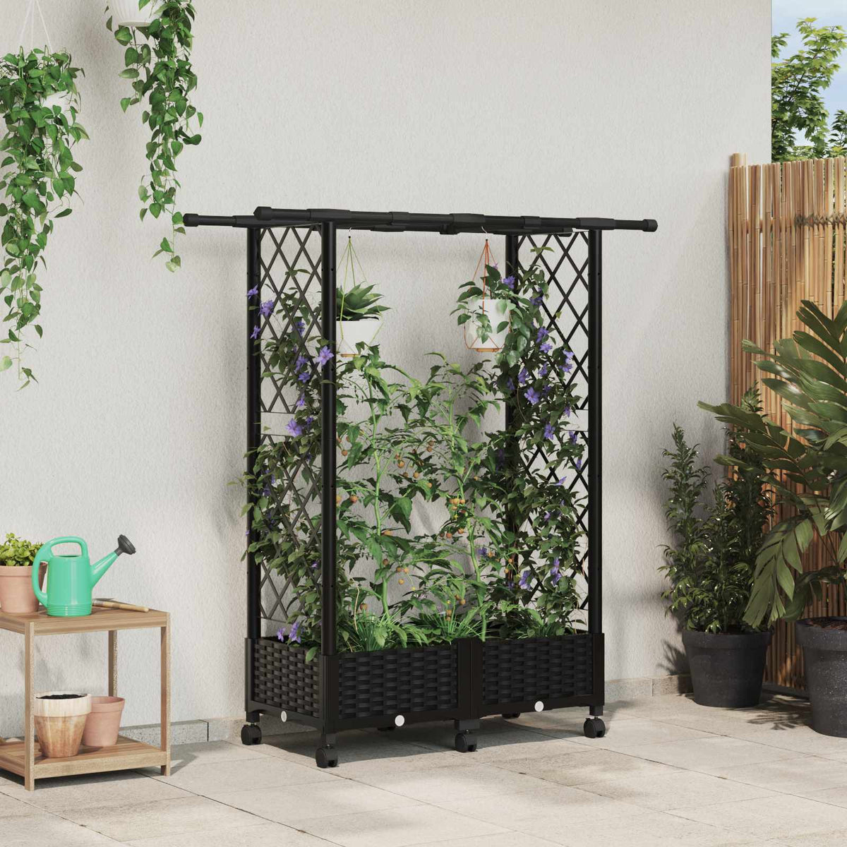 Raised Bed with Trellis and Roof PP Black with Flat Roof (2 Side trellis) on Wheels 122.5 cm 127 cm