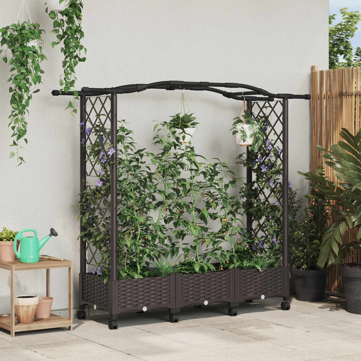 Raised Bed with Trellis and Roof PP Brown with Curved Roof (2 Side trellis) on Wheels 169 cm 129 cm