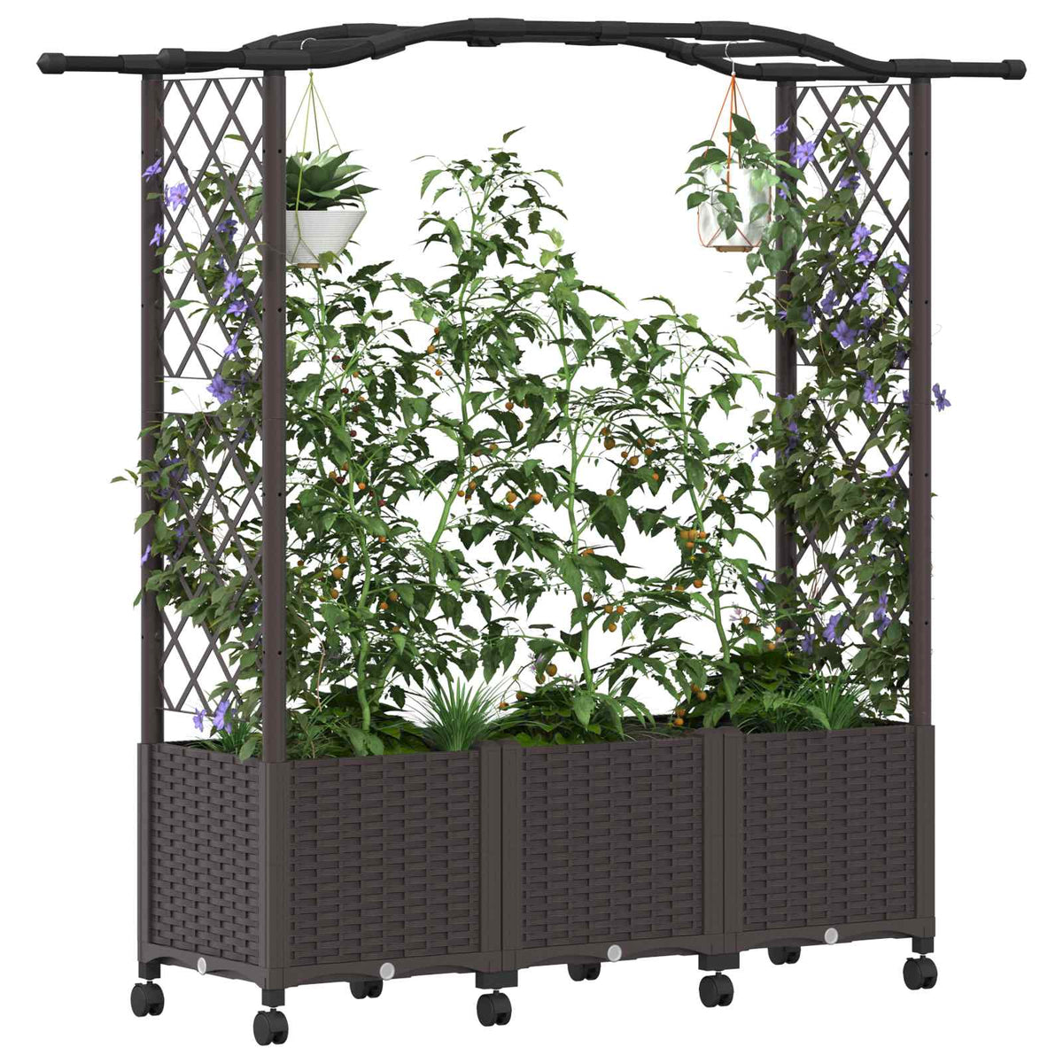 Raised Bed with Trellis and Roof PP Brown with Curved Roof (2 Side trellis) on Wheels 164 cm 144 cm