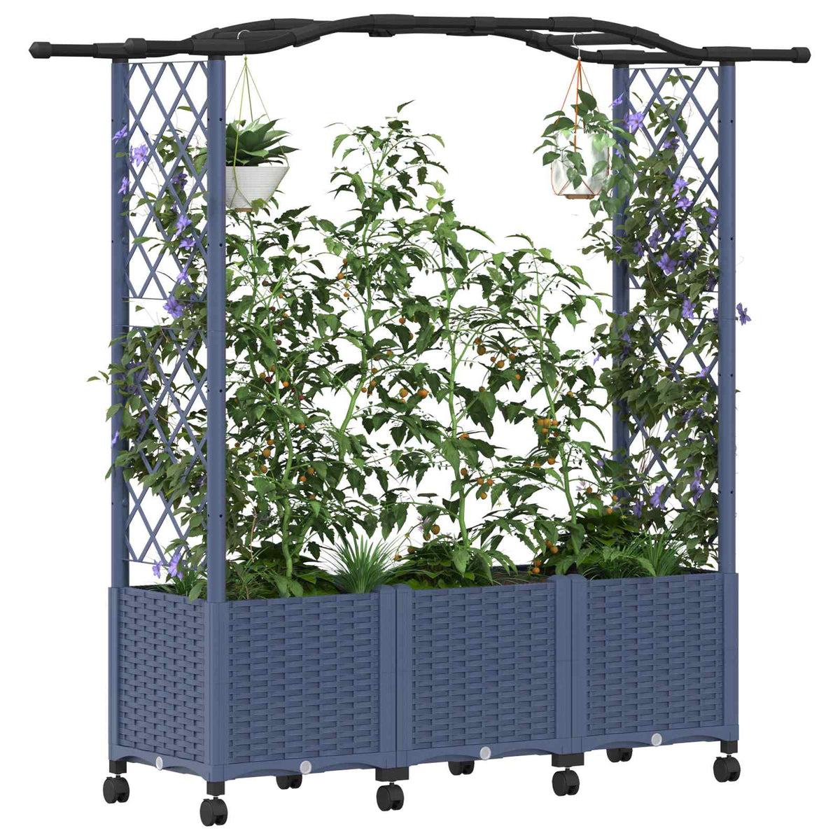 Raised Bed with Trellis and Roof PP Grey with Curved Roof (2 Side trellis) on Wheels 164 cm 144 cm
