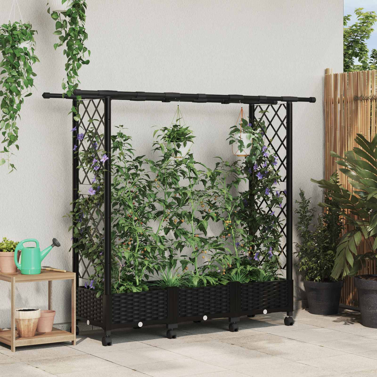 Raised Bed with Trellis and Roof PP Black with Flat Roof (2 Side trellis) on Wheels 164 cm 127 cm