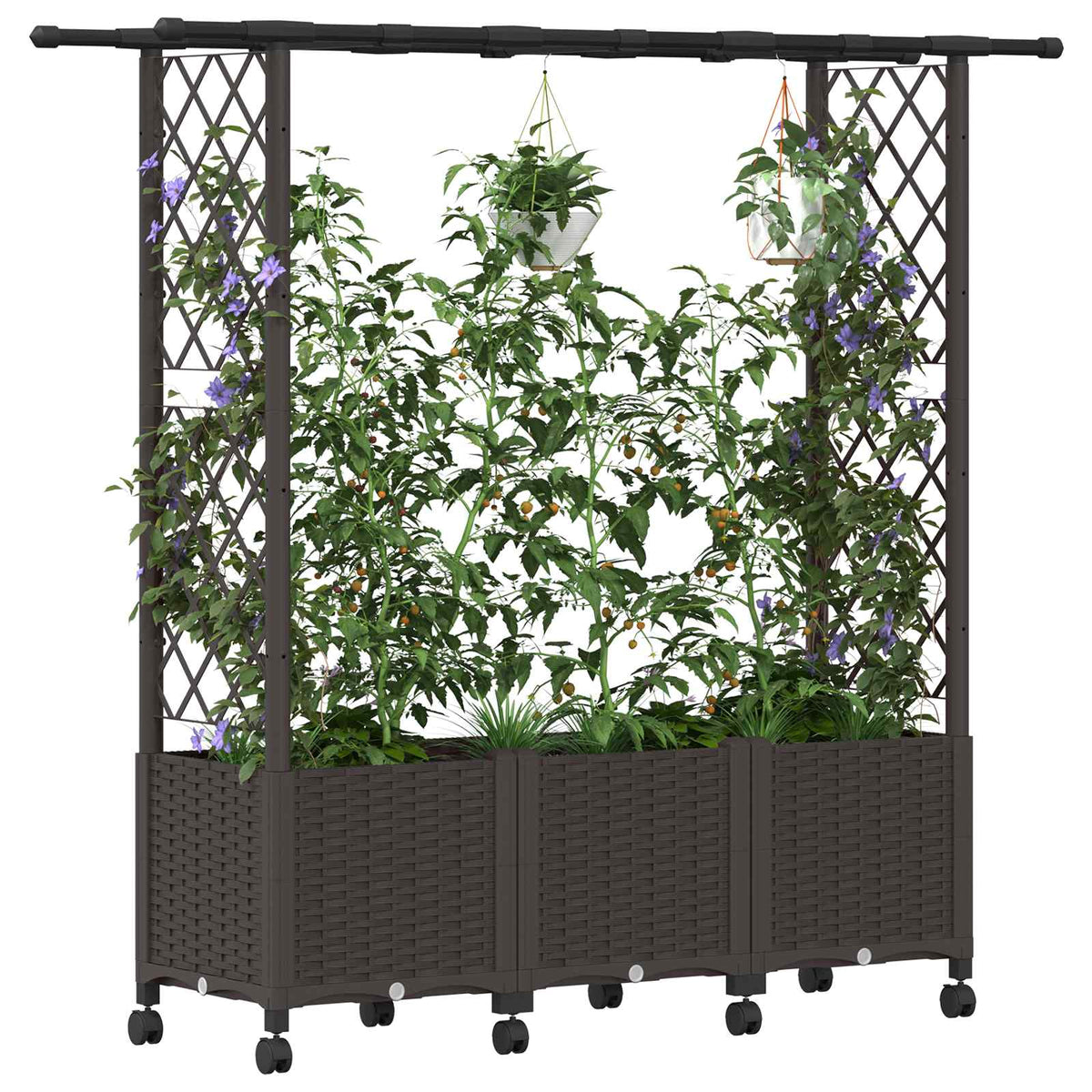 Raised Bed with Trellis and Roof PP Brown with Flat Roof (2 Side trellis) on Wheels 162.5 cm 142 cm