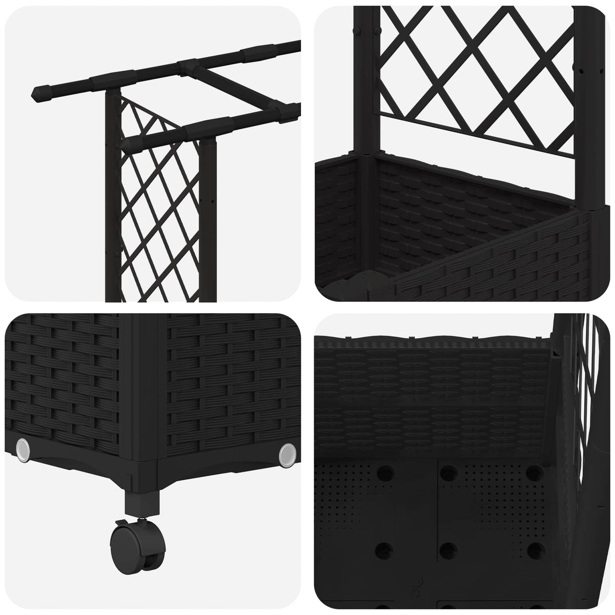 Raised Bed with Trellis and Roof PP Black with Flat Roof (2 Side trellis) on Wheels 162.5 cm 142 cm