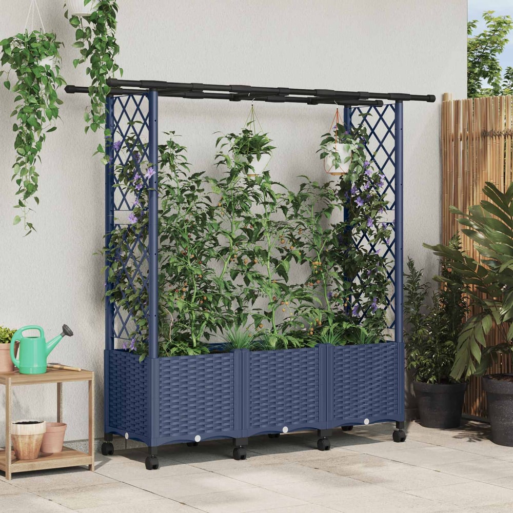 Raised Bed with Trellis and Roof PP Grey with Flat Roof (2 Side trellis) on Wheels 162.5 cm 142 cm
