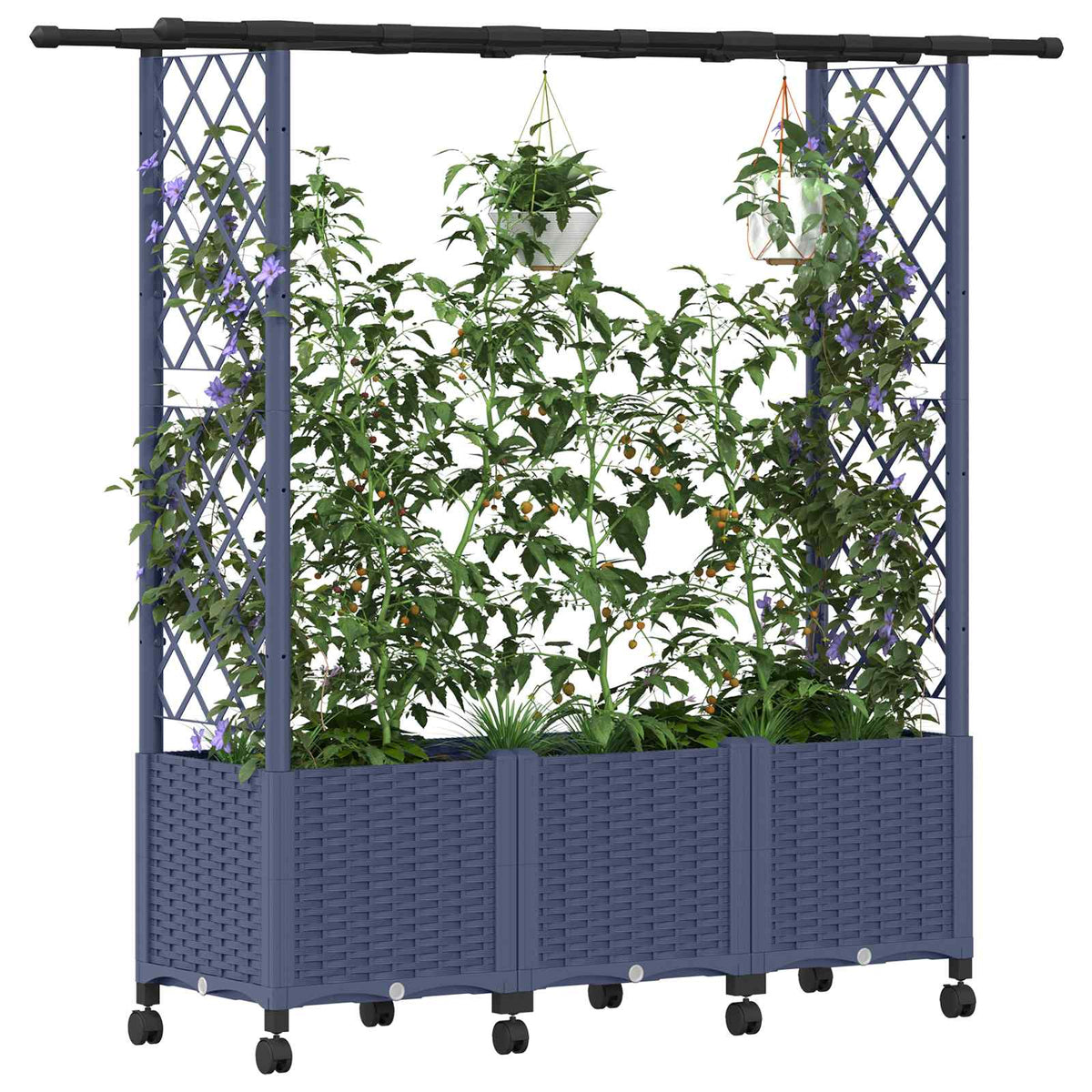Raised Bed with Trellis and Roof PP Grey with Flat Roof (2 Side trellis) on Wheels 162.5 cm 142 cm