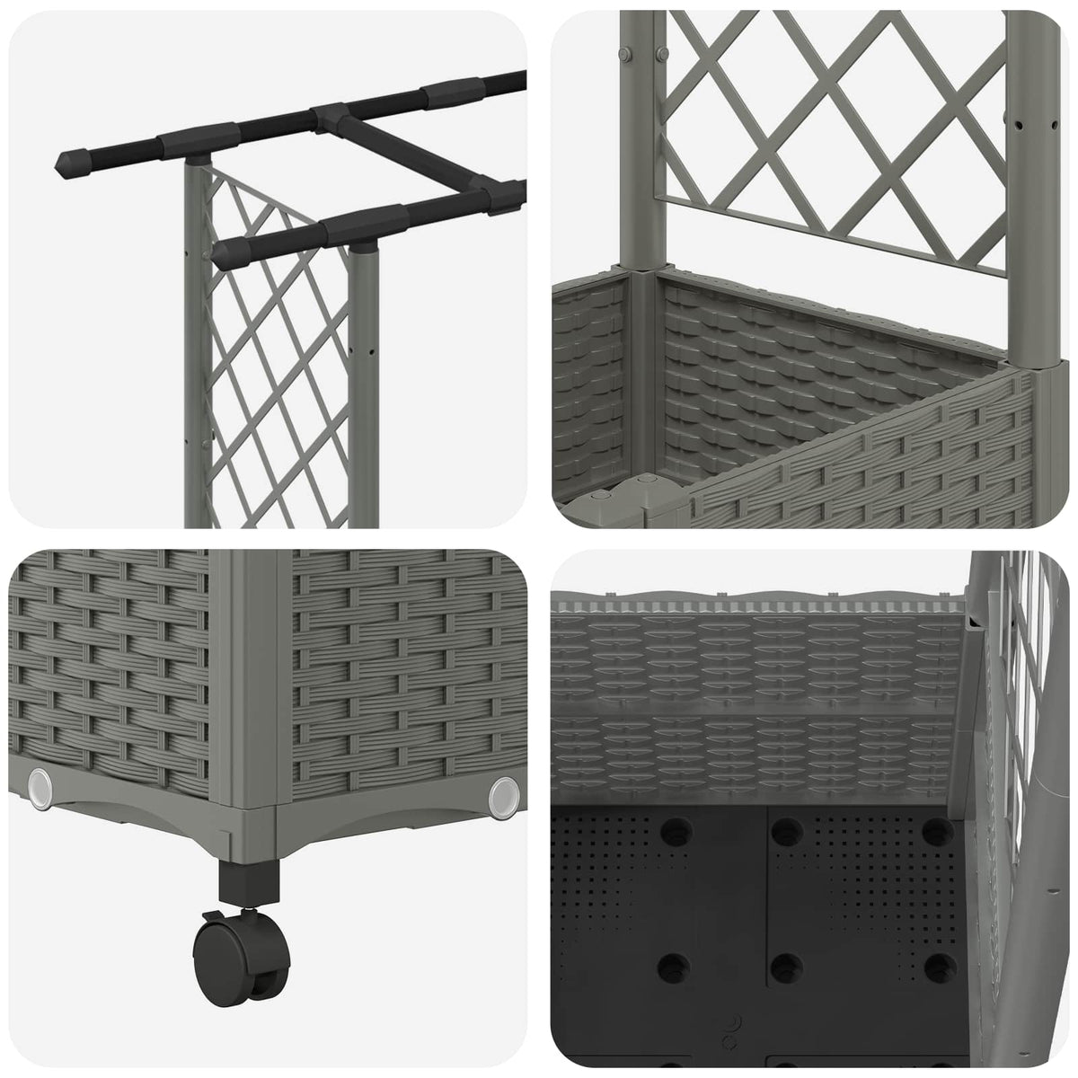 Raised Bed with Trellis and Roof Light Grey with Flat Roof (2 Side trellis) on Wheels 162.5 cm 142 cm