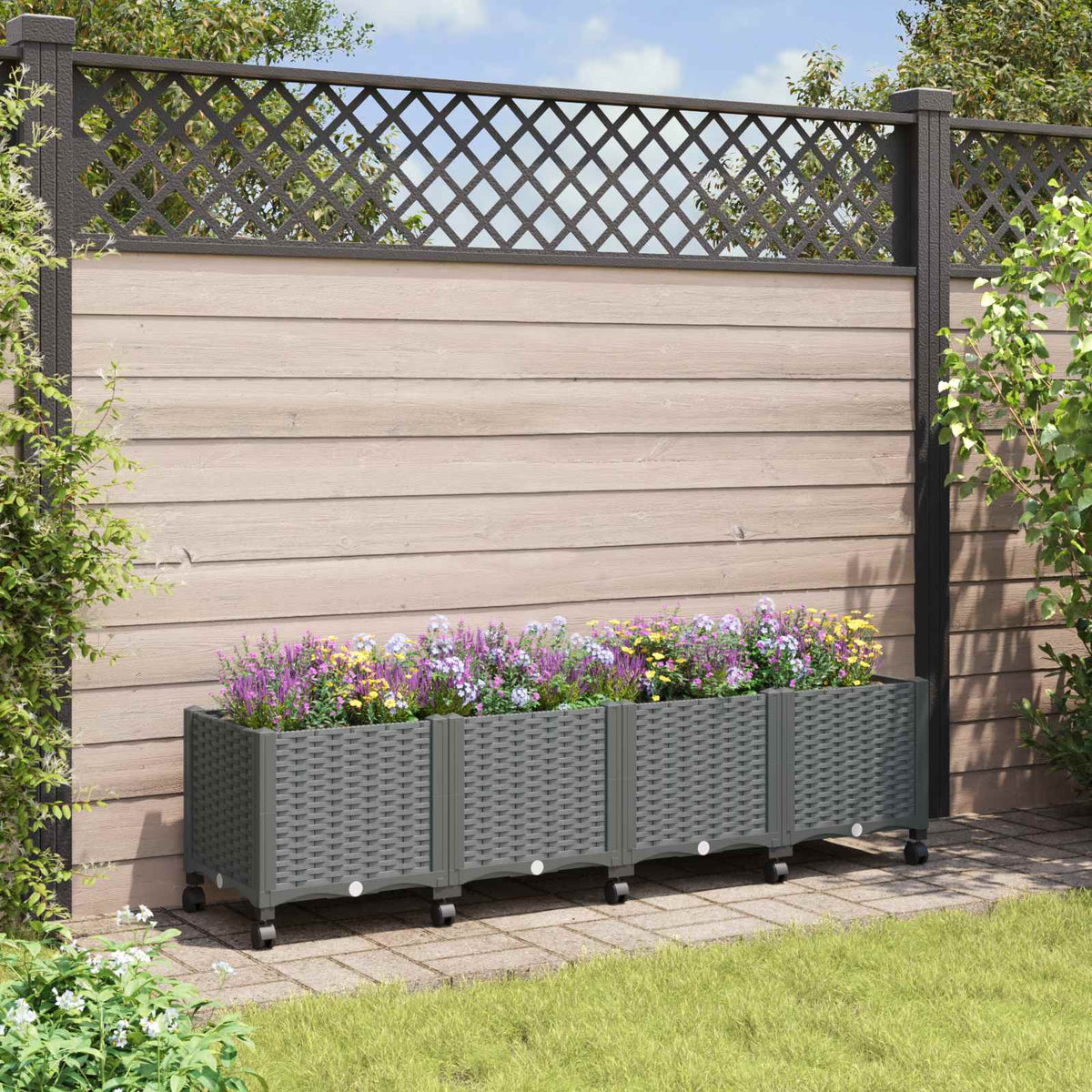 Garden Planter 40 x 40 x 29 cm PP with Wheels Light Grey 160 x 40 x 38 cm