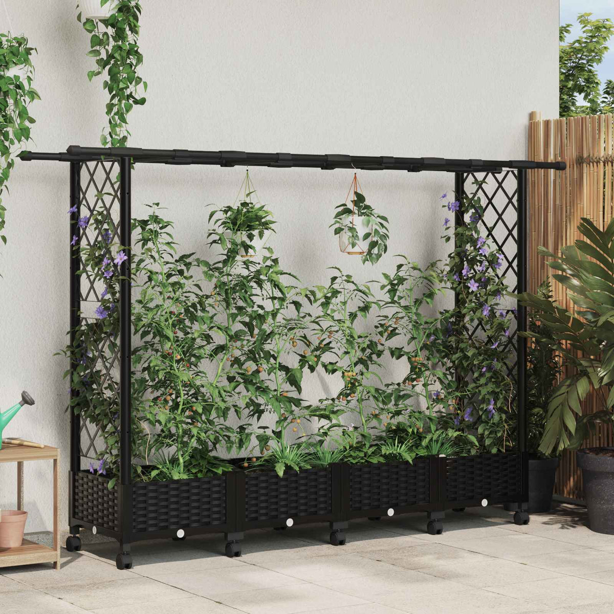Raised Bed with Trellis and Roof PP Black with Flat Roof (2 Side trellis) on Wheels 203 cm 127 cm