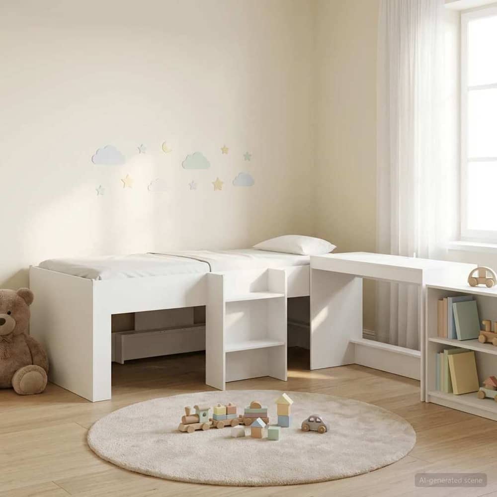 Kids' High Bed Frame with Desk 2 pcs Engineered Wood White