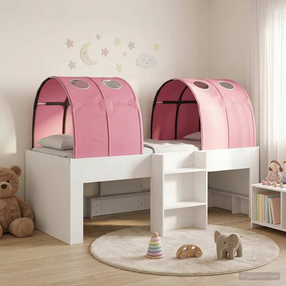 Bed with Tunnel 3 pcs Engineered Wood White and pink