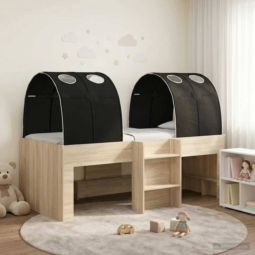 Bed with Tunnel 3 pcs Engineered Wood Sonoma oak and black