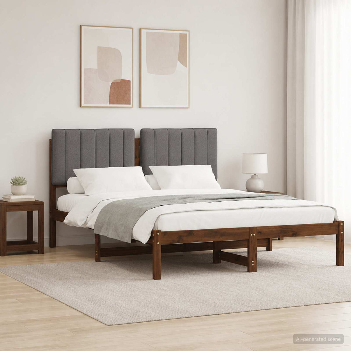 Bed Frame Upholstered Headboard Length Dark Brown Light Grey