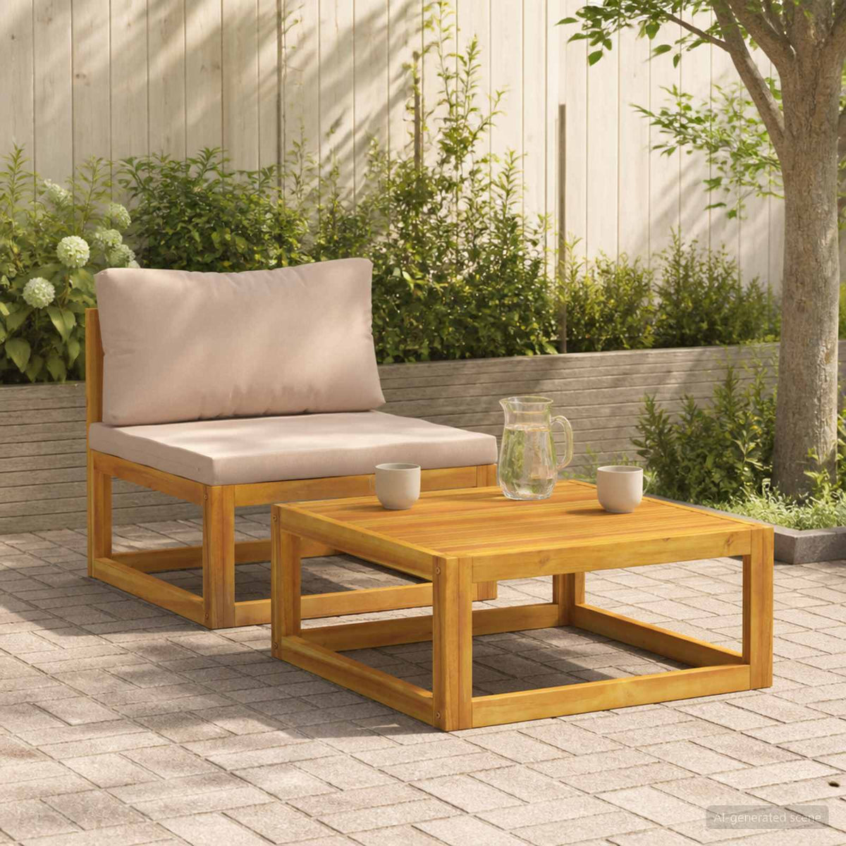 Sectional with Cushions Solid Acacia Wood Natural Taupe Middle sofa + coffee table