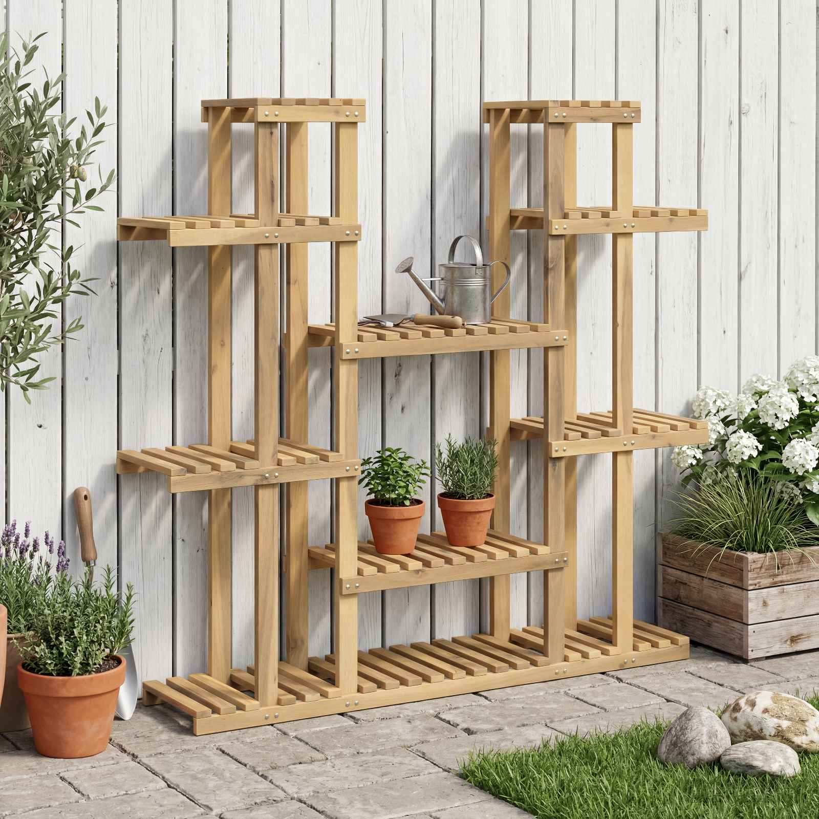 vidaXL Plant Stand White 123 x 25 x 114.5 cm Solid Acacia Wood 1
