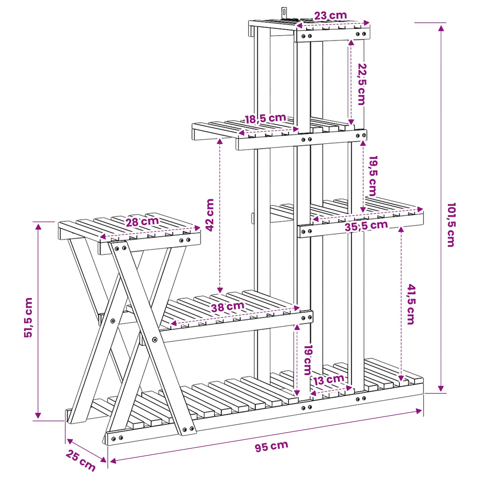 vidaXL Plant Stand Natural 95 x 25 x 101.5 cm Solid Acacia Wood 6