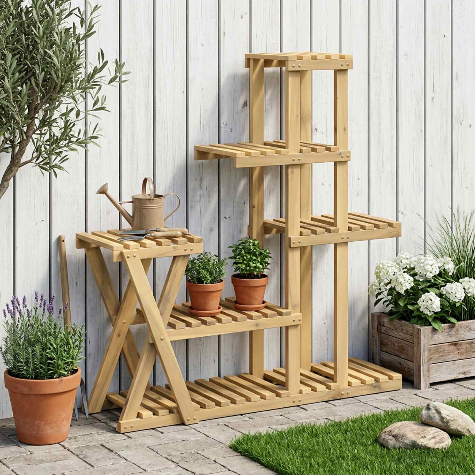 Plant Stand Solid Acacia Wood Whitewash Depth 25 cm 95 cm 101.5 cm 5-Tier