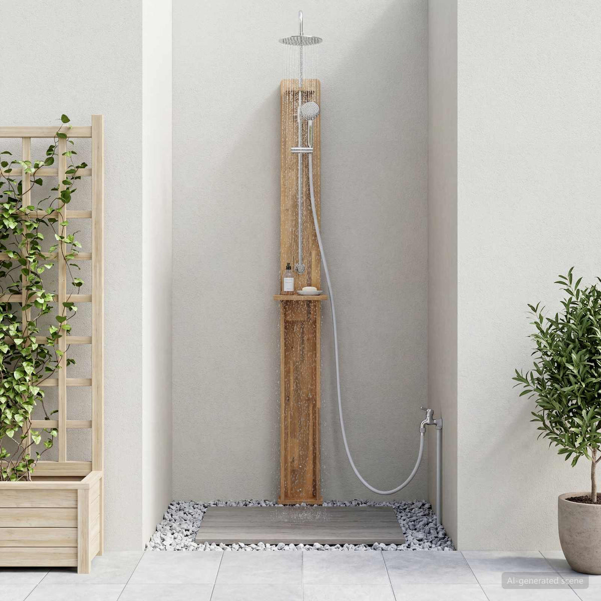 Outdoor Shower 217 cm Solid Acacia Wood and Stainless Steel Whitewash 24 cm 257 cm 51 cm