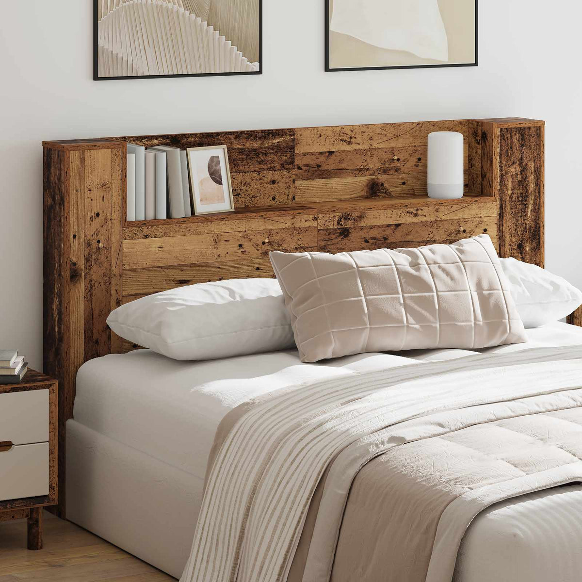 Storage Headboard with LED Engineered Wood 160 cm Old wood