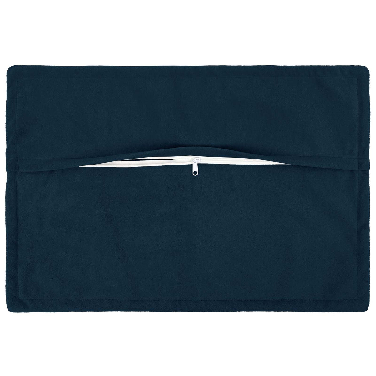 The back of the blue cushion cover showing a zip closure