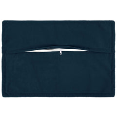 The back of the blue cushion cover showing a zip closure