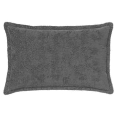 Close-up of a dark grey faux rabbit fur cushion cover with a fluffy texture