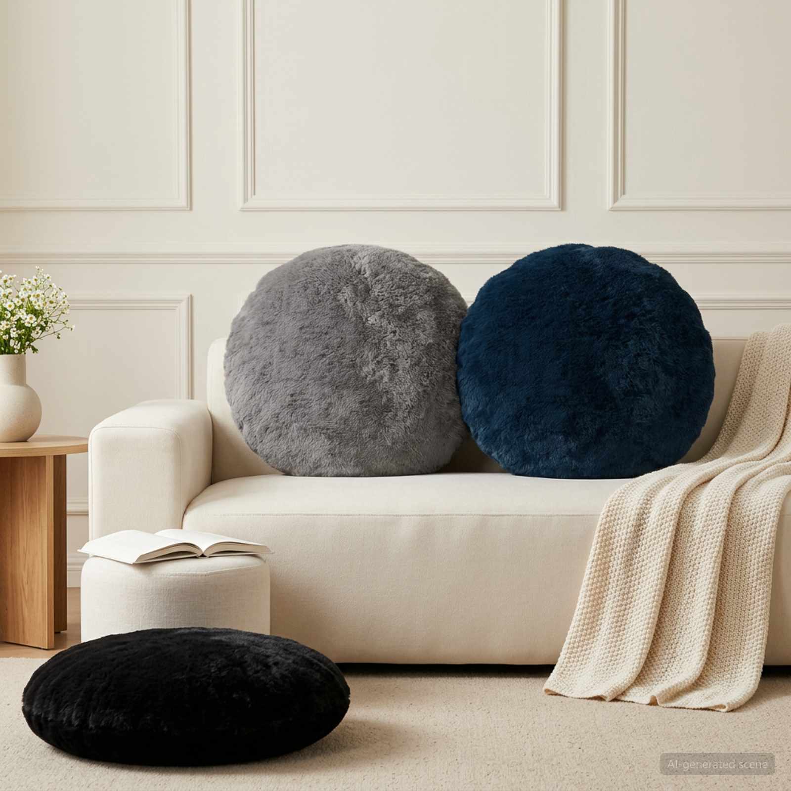 vidaXL Cushion Cover 6 pcs HEERLEN Navy Blue Ø 60 cm Faux Rabbit Fur 1