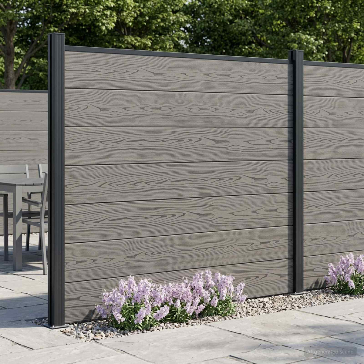Fence Panel WPC 180x146 cm Grey 1 section with 2 posts (dark grey post)