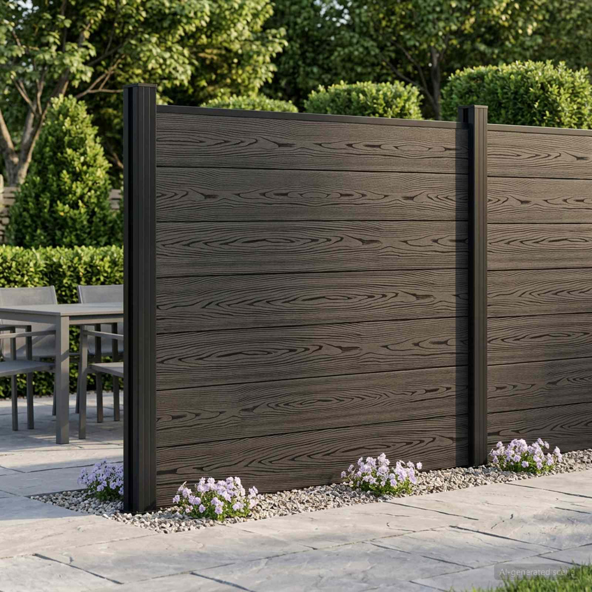 Fence Panel WPC 180x146 cm Black 1 section with 2 posts (dark grey post)