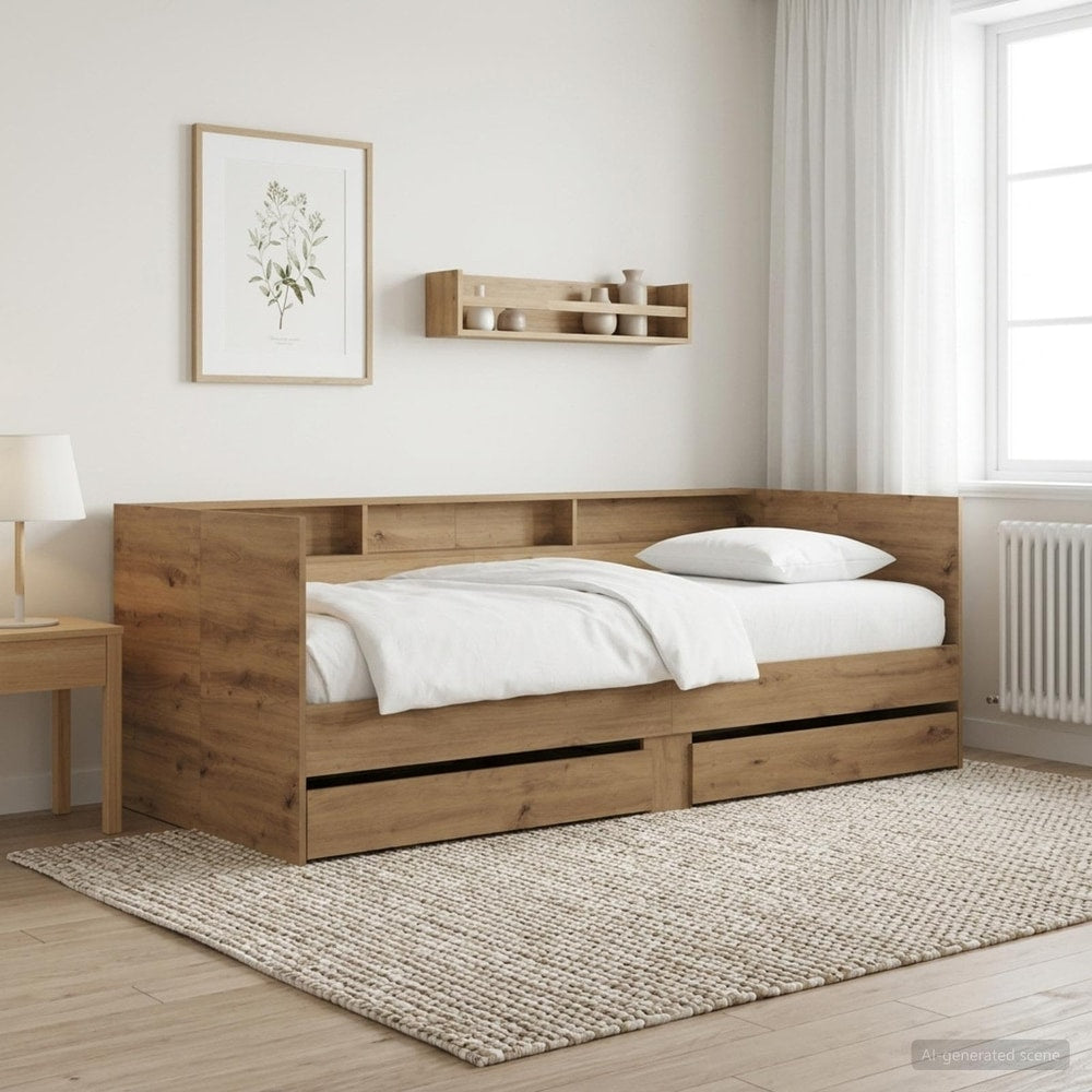 Daybed with Drawer with Shelf Engineered Wood Length 200 cm Width 80 cm Artisan oak