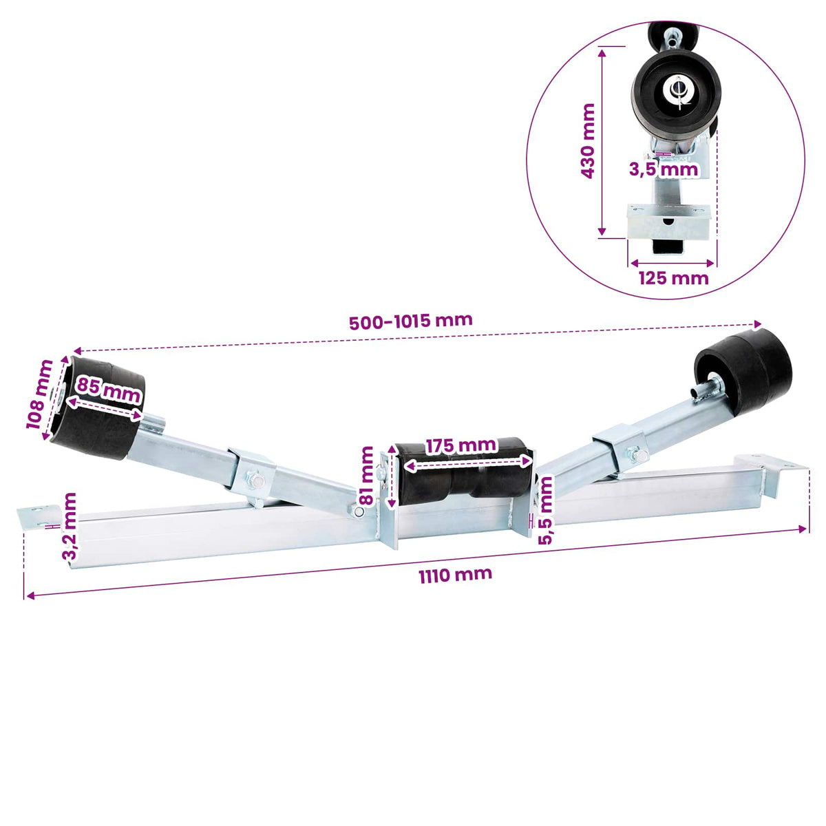 Boat Trailer Bottom Support Bracket with Keel Rollers 62.5 - 100 cm