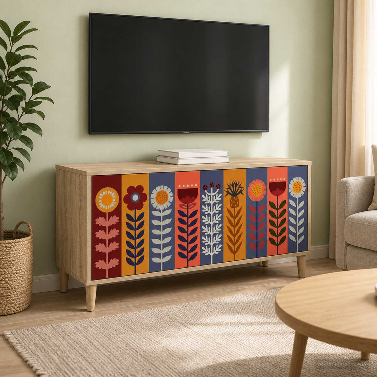 TV Cabinet BONN 102 x 33 x 50 cm Sonoma Engineered Wood Sunflower print