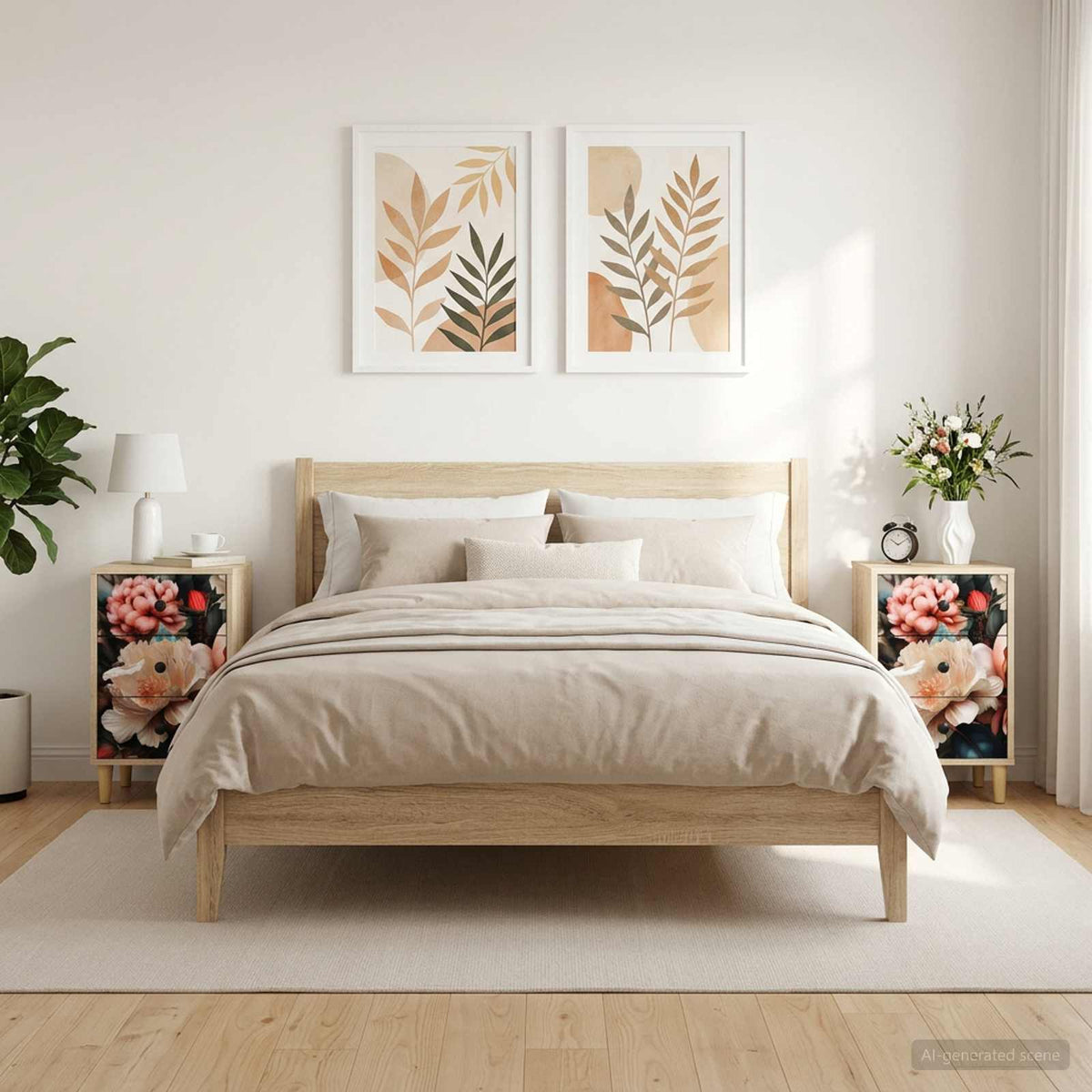 Bedside Cabinet BONN Sonoma Oak 36 x 33 x 60 cm 2 pcs Light peony print