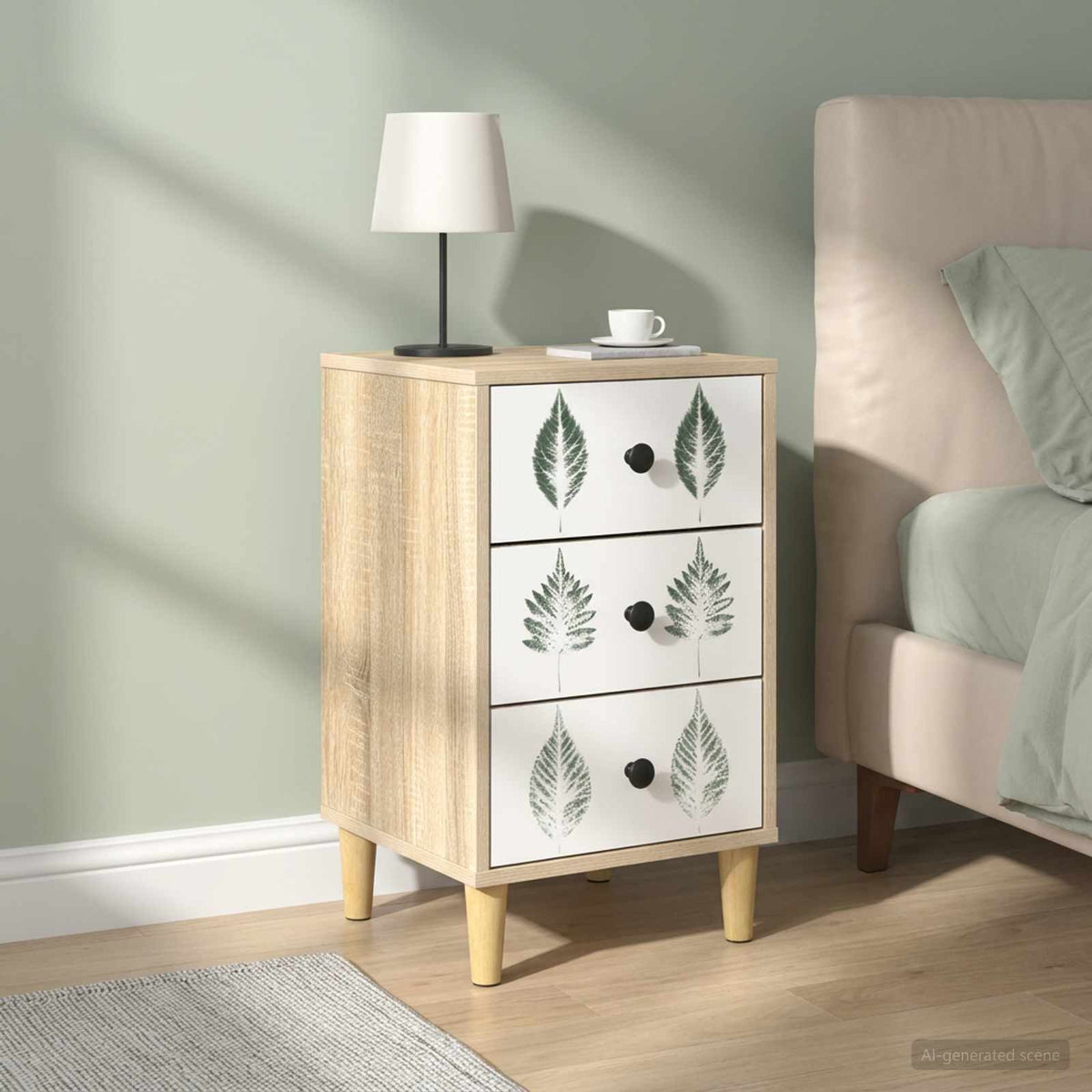 Bedside Cabinet BONN Sonoma Oak 36 x 33 x 60 cm 2 pcs Green leave print