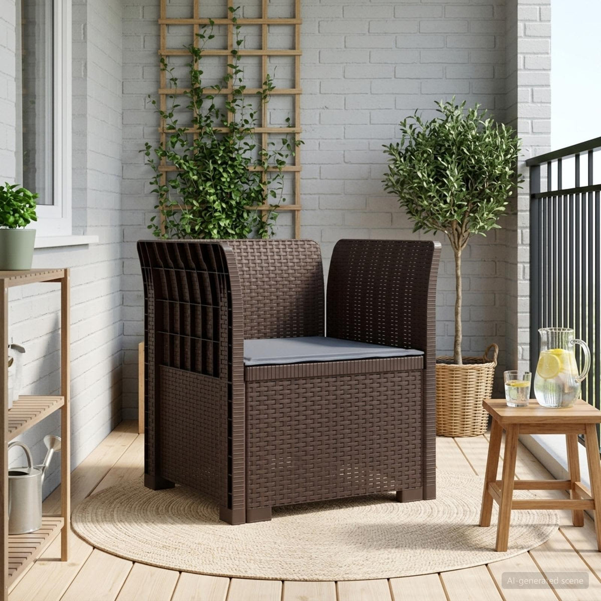1-Seater with Cushion Rattan Look PP Brown Armchair with light grey seat cushion