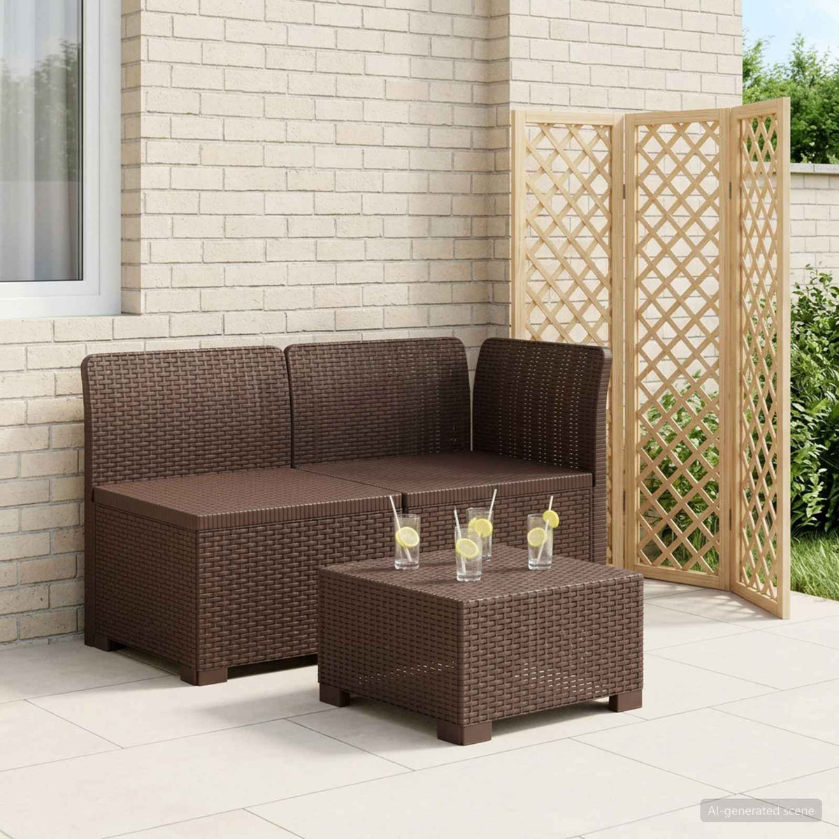 1-Seater with Cushion Rattan Look PP Brown Middle + corner without cushion