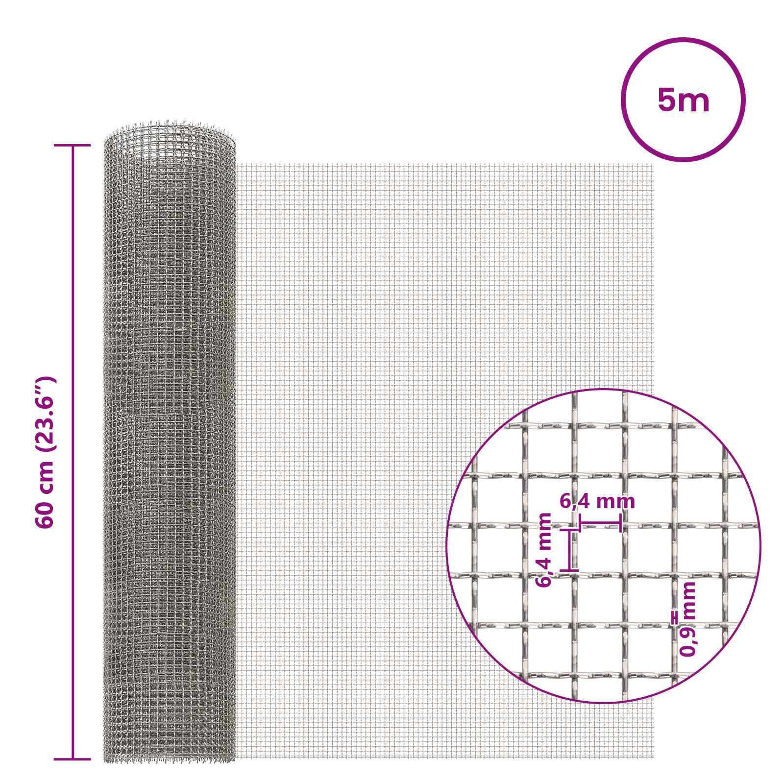 vidaXL Mesh Screen 60 x 500 cm 3 Mesh Stainless Steel 201 Silver 6