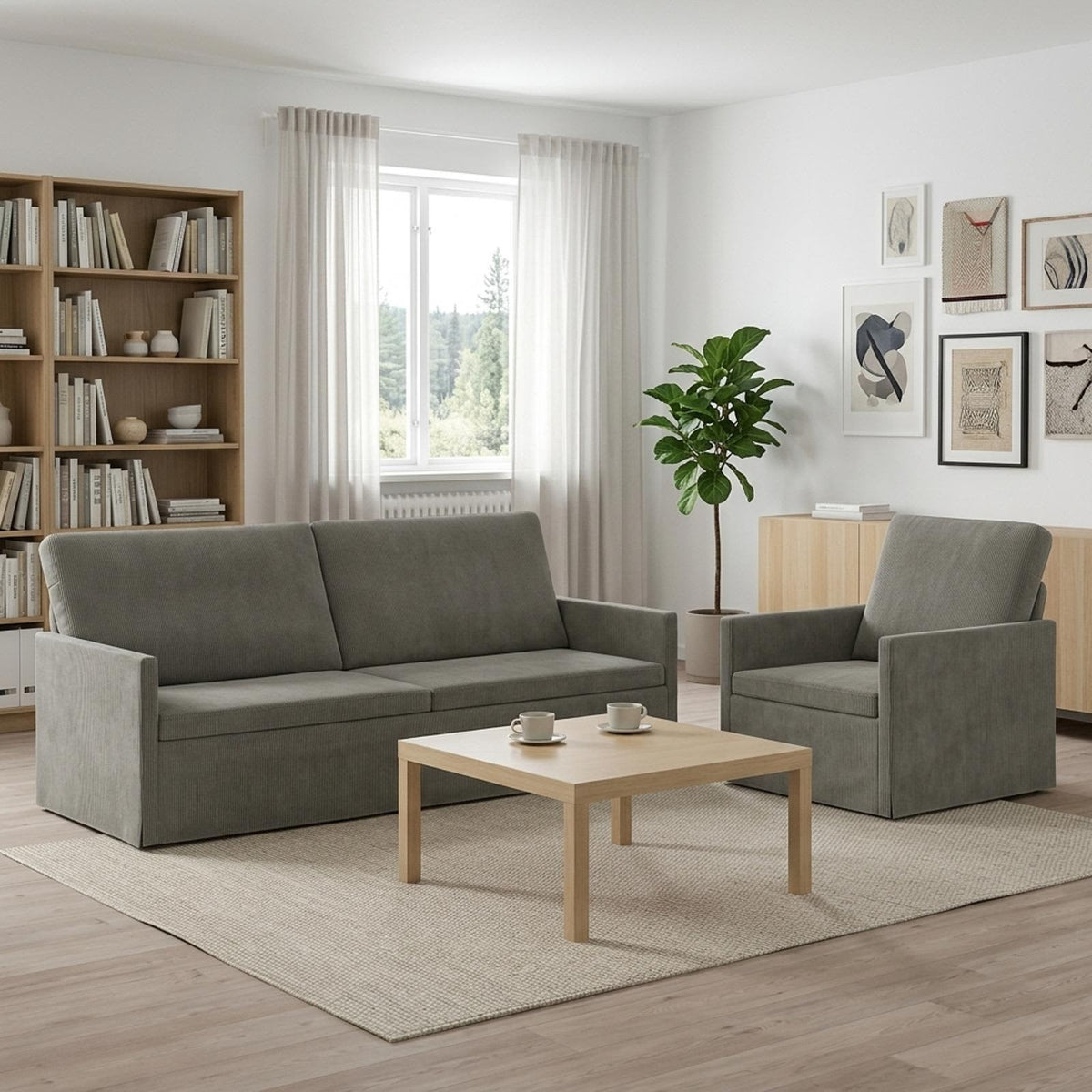 Sofa Set 2 pcs Corduroy Fabric 1-Seater + 3-Seater (180 cm) Light grey