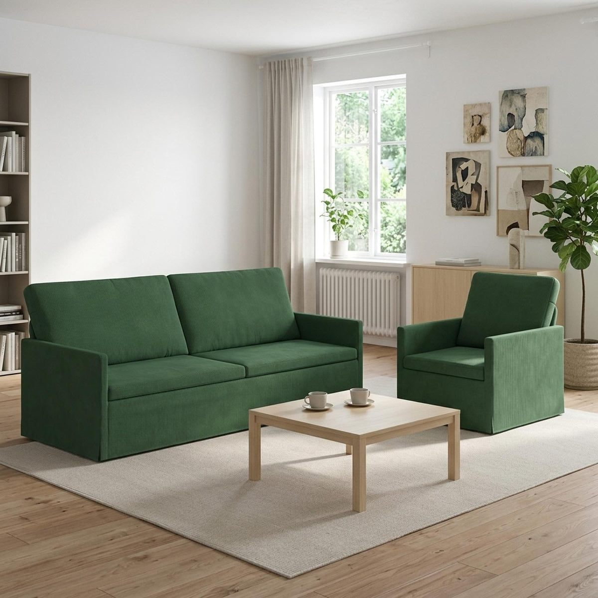 Sofa Set 2 pcs Corduroy Fabric 1-Seater + 3-Seater (180 cm) Jungle green