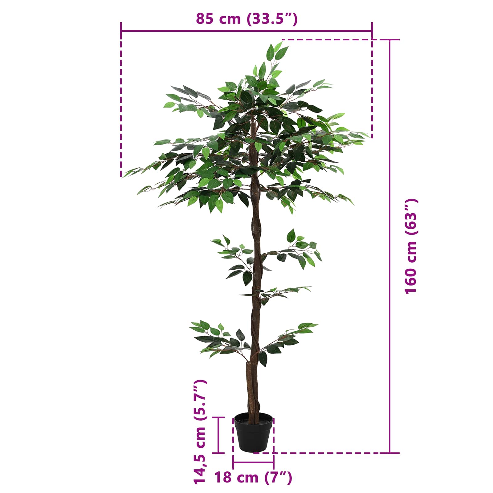 vidaXL Artificial Ficus Plant Green 85 x 18 x 160 cm Fabric and Wood 6