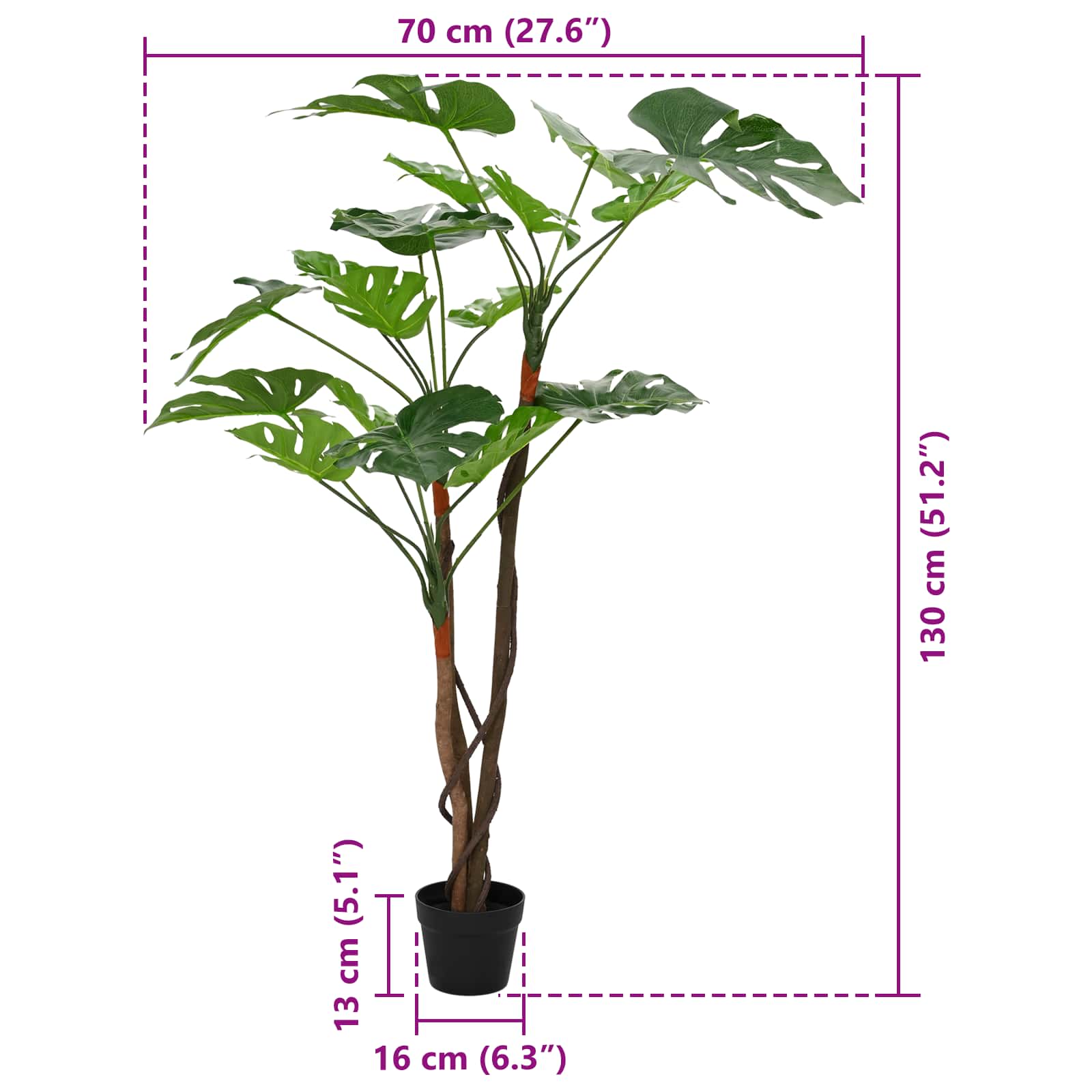 vidaXL Artificial Monstera Plant Green 70 x 16 x 130 cm 6