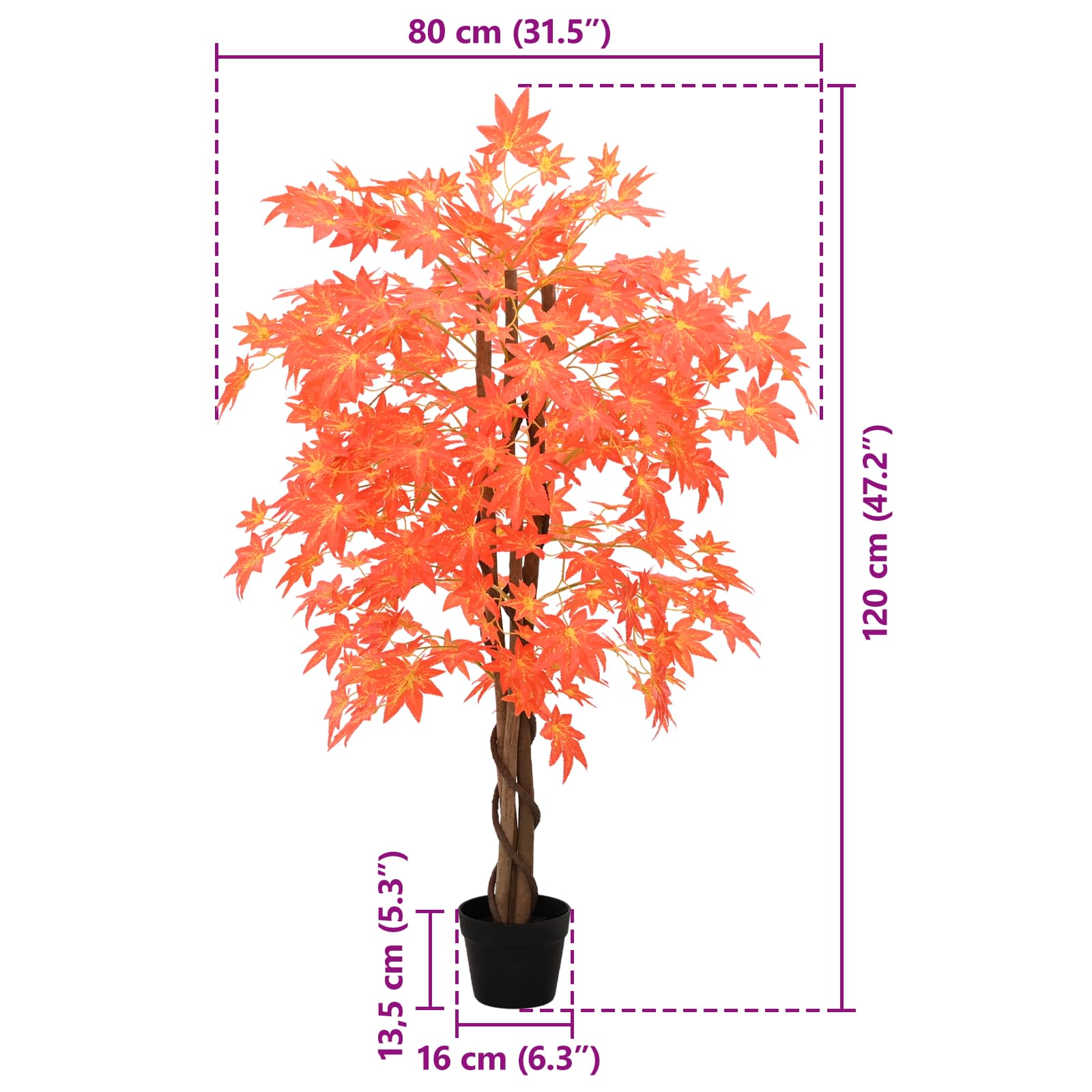 vidaXL Artificial Maple Tree Red 80 x 16 x 120 cm Fabric and Wood 6