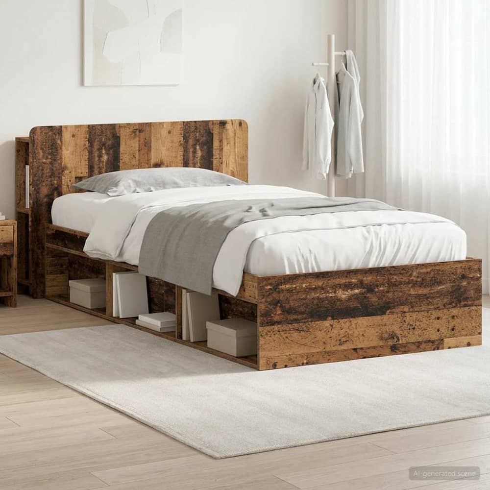 Bed Frame with Storage 90 x 190 cm Engineered Wood without Centre Shelf Old wood