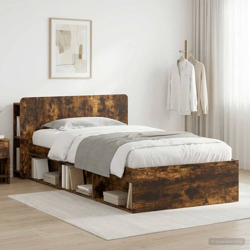 Bed Frame with Storage 90 x 190 cm Engineered Wood without Centre Shelf Smoked oak